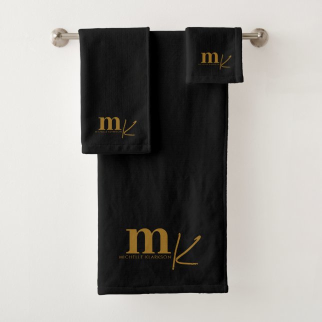 Modern Minimalist Black Gold Monogram Bath Towel Set (Insitu)