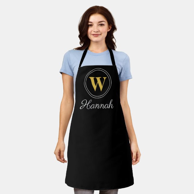 Modern Minimalist Black Gold Monogram Monogrammed  Apron (Worn)