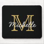 Modern Minimalist Black Gold Monogram Script Mouse Mat<br><div class="desc">Modern,  minimalist black and gold personalised name monogrammed mouse pad. It features a monogram initial in serif style font and pretty handwritten first name text template in gold,  white colour on black background. Great girly,  feminine personalised gift. If you need help or matching items,  please contact to me.</div>