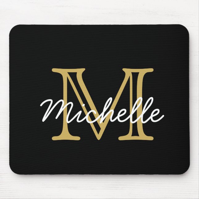 Modern Minimalist Black Gold Monogram Script Mouse Mat (Front)