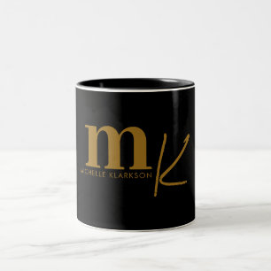 Modern Minimalist Black Gold Monogram Two-Tone Coffee Mug