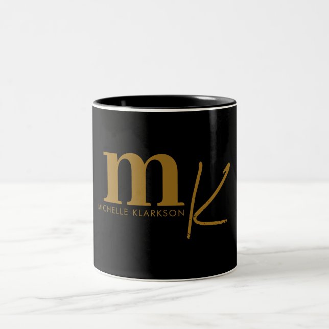 Modern Minimalist Black Gold Monogram  Two-Tone Coffee Mug (Center)