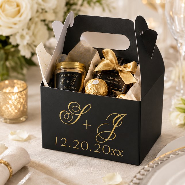 Modern Minimalist Black Gold Monogram Wedding  Favour Box (Creator Uploaded)