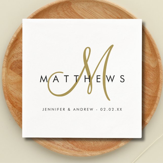 Modern Minimalist Black Gold Monogram Wedding Napkin (Creator Uploaded)
