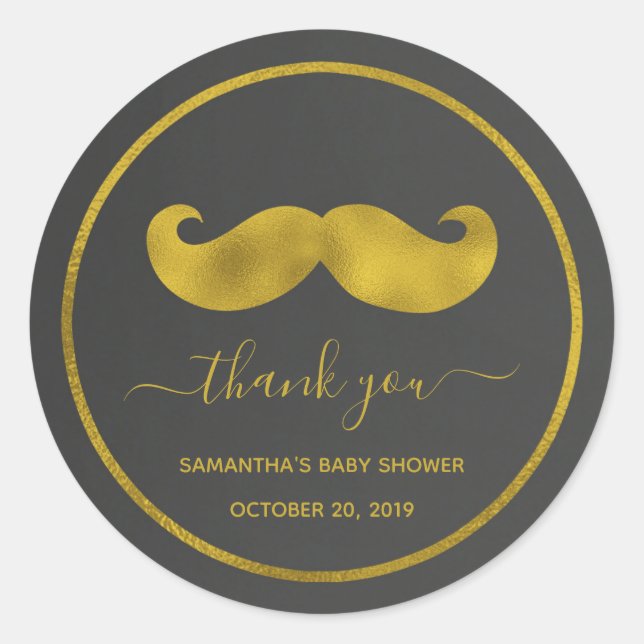Modern Minimalist Black Gold Moustache Thank You Classic Round Sticker (Front)