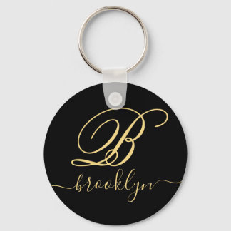 Modern Minimalist Black Gold Name Monogram Key Ring