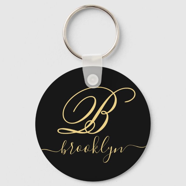 Modern Minimalist Black Gold Name Monogram Key Ring (Front)