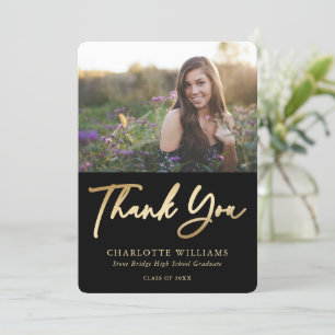 Modern Minimalist Black Gold Photo Graduation Thank You Card