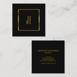 Modern minimalist black gold simple monogrammed square business card