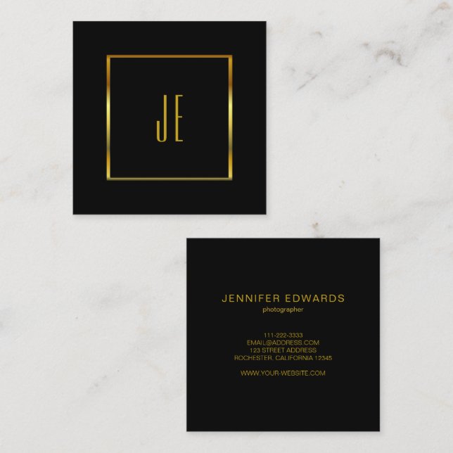 Modern minimalist black gold simple monogrammed square business card (Front/Back)