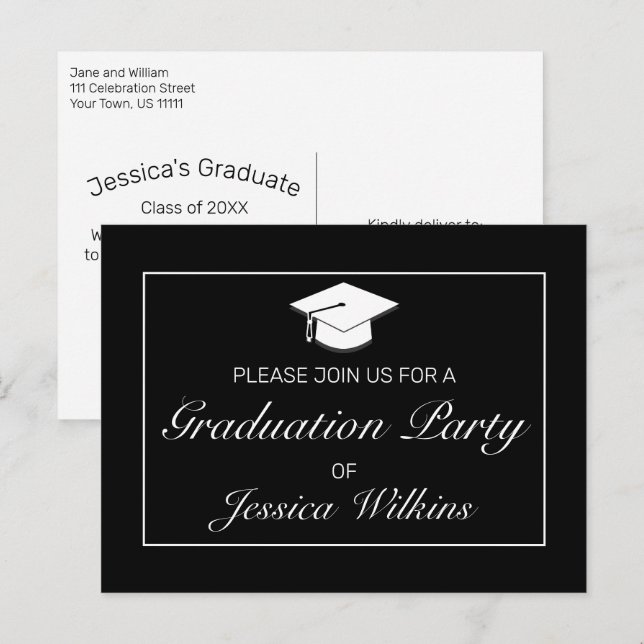 Modern Minimalist Black Graduation Invitation Postcard (Front/Back)
