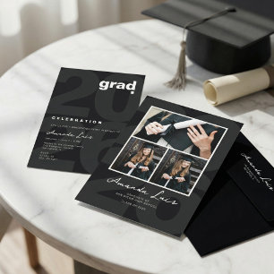 Modern Minimalist Black Graduation Photo Collage Invitation