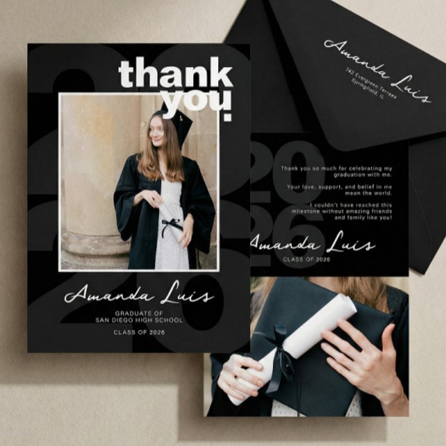 Modern Minimalist Black Graduation Photo Collage Thank You Card (Creator Uploaded)