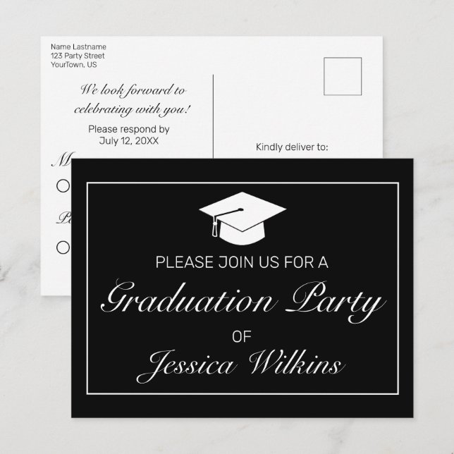 Modern Minimalist Black Graduation RSVP Invitation Postcard (Front/Back)