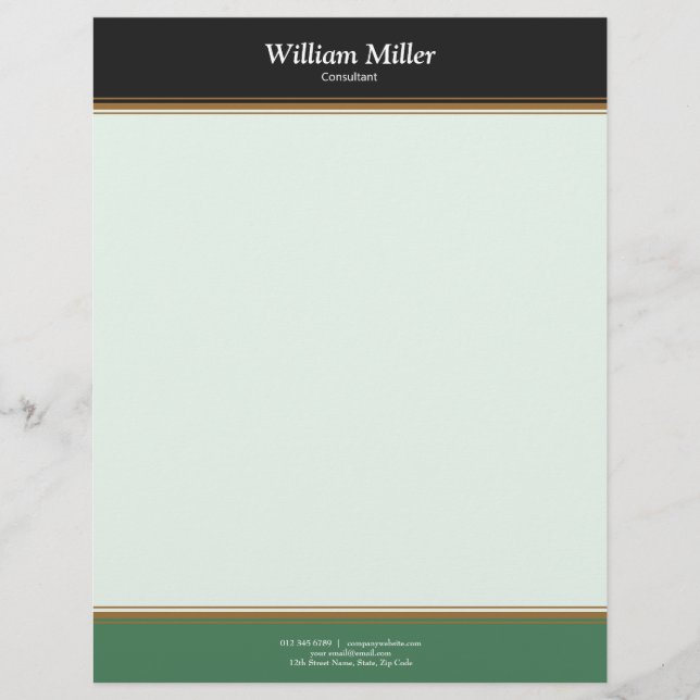 Modern Minimalist Black Green Stripes Custom Letterhead (Front)