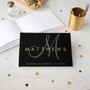 Modern Minimalist Black Grey Monogram Wedding Gold Guest Book