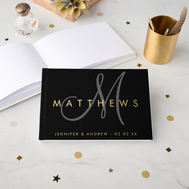 Modern Minimalist Black Grey Monogram Wedding Gold Guest Book (Front Open)