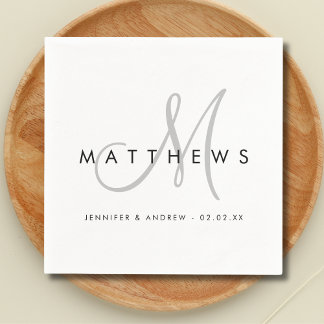 Modern Minimalist Black Grey Monogram Wedding Napkin