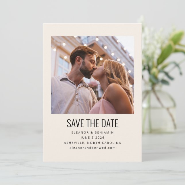 Modern Minimalist Black Ivory Photo Wedding Save The Date (Standing Front)