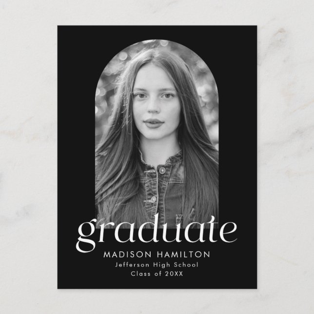 Modern Minimalist Black Photo Graduation Party Invitation Postcard (Front)