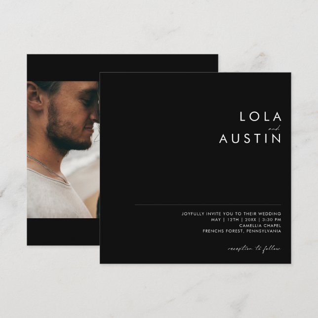 Modern Minimalist | Black Photo Square Wedding Invitation (Front/Back)