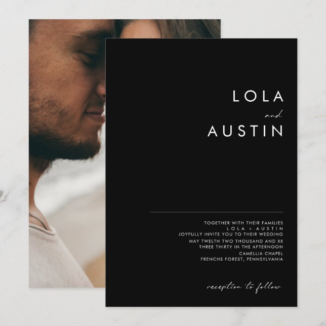 Modern Minimalist Black | Photo Wedding Invitation (Front/Back)
