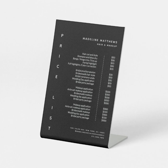 Modern Minimalist Black Salon Price List Service Pedestal Sign (Front)