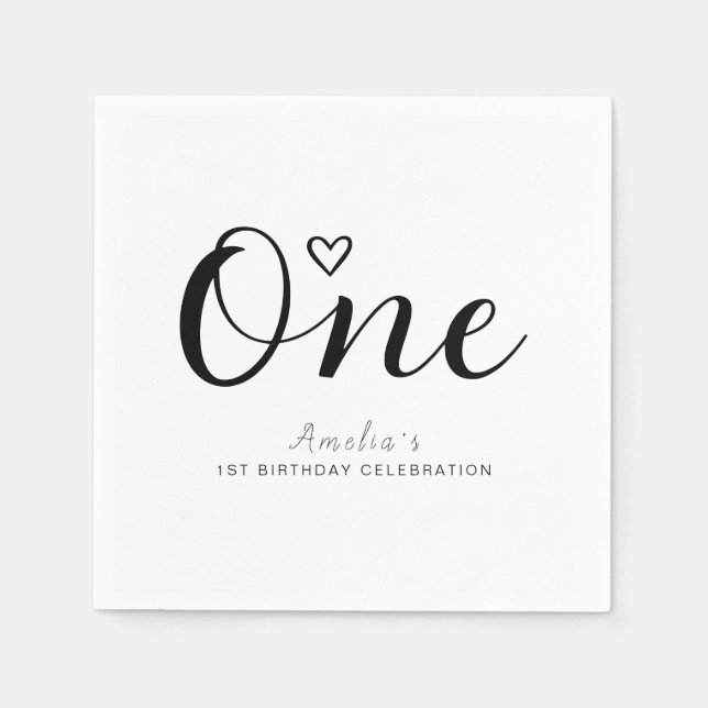 Modern Minimalist Black Script 1st Birthday Napkin (Front)