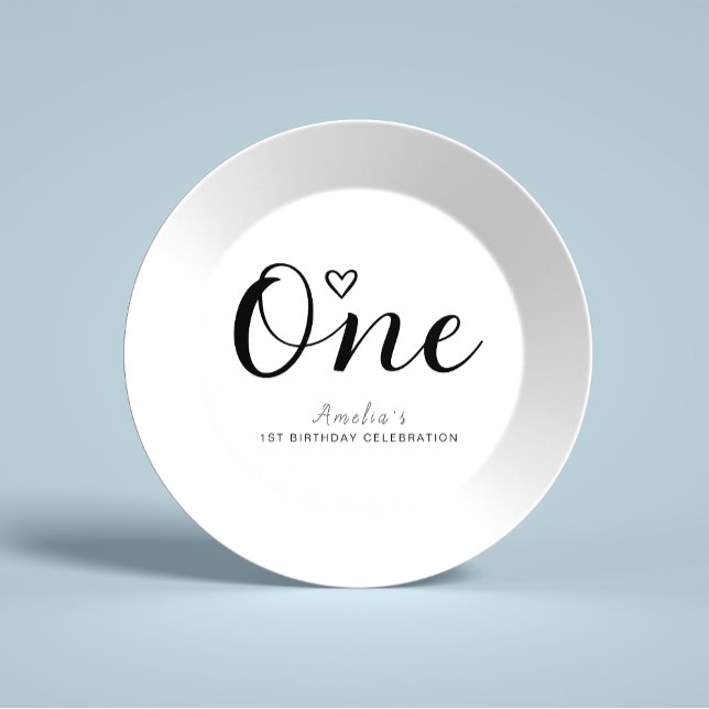 Modern Minimalist Black Script 1st Birthday Paper Plate (Creator Uploaded)