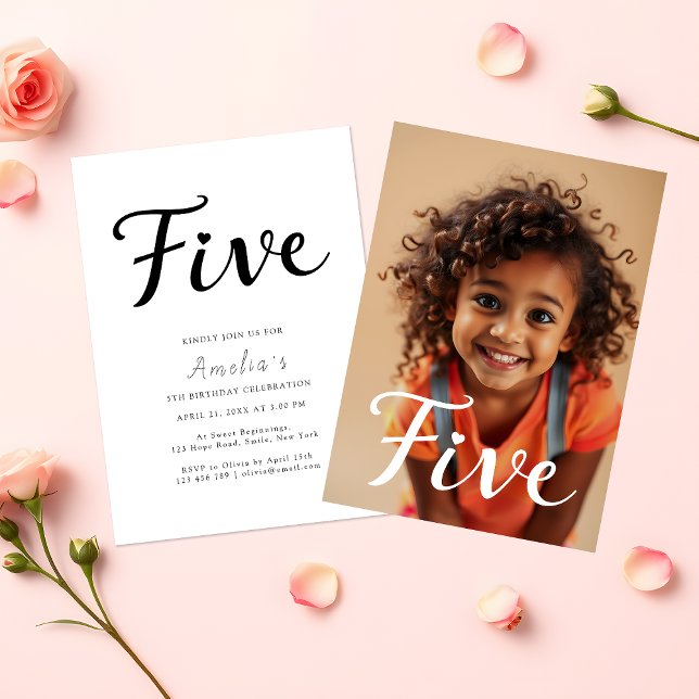 Modern Minimalist Black Script 5th Birthday Photo Invitation (Creator Uploaded)