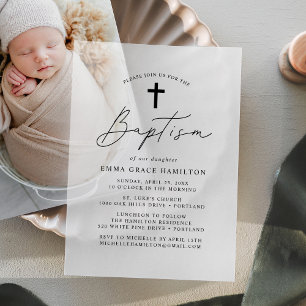 Modern Minimalist Black Script Baptism Vellum Invitations