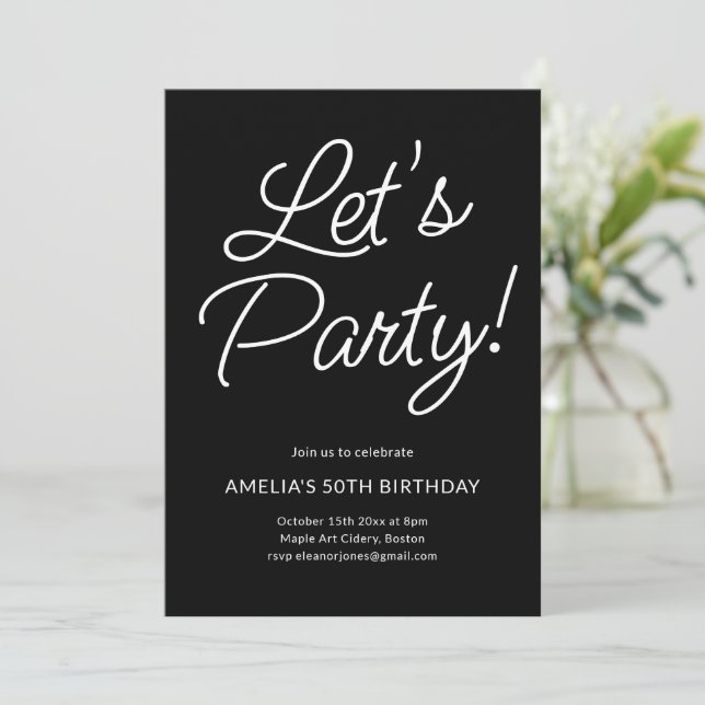 Modern Minimalist Black Script Birthday Party Chic Invitation (Standing Front)