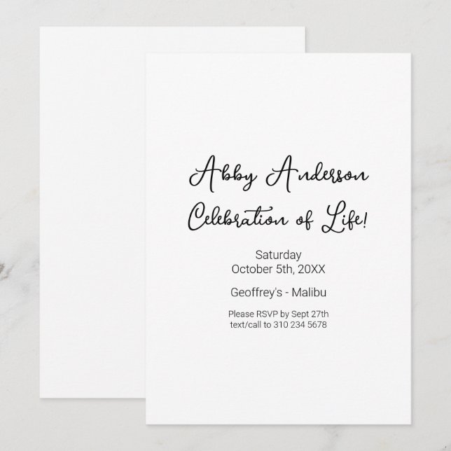 Modern Minimalist Black Script Celebration of Life Invitation (Front/Back)