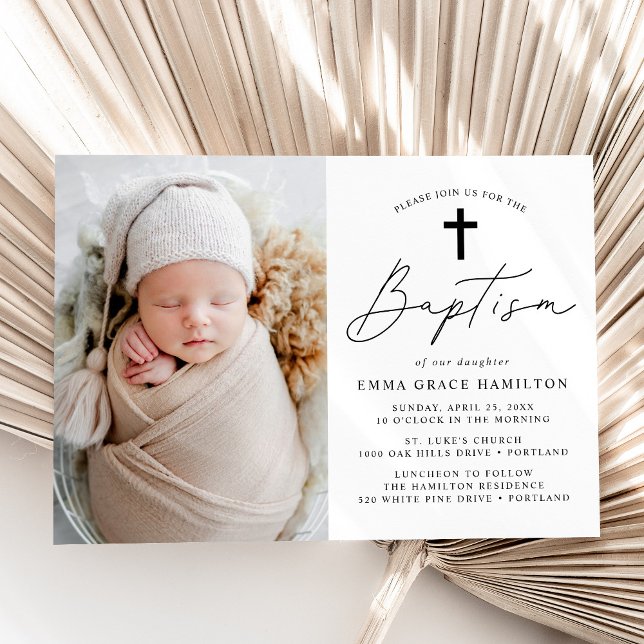 Modern Minimalist Black Script Photo Baptism Invitation (Creator Uploaded)