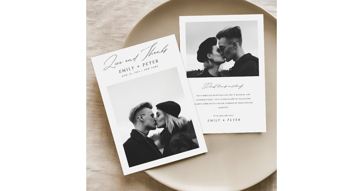 Modern Minimalist Black Script Photo Wedding Thank You Card | Zazzle