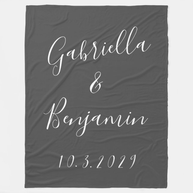 Modern Minimalist Black Script Wedding Couple Name Fleece Blanket (Front)