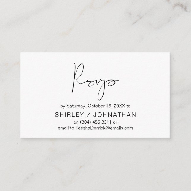 Modern Minimalist Black Script, Wedding RSVP Enclosure Card (Front)