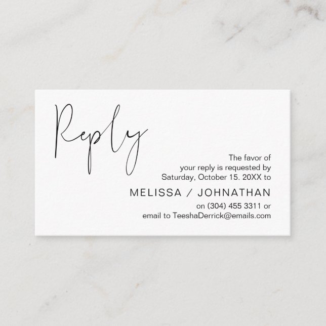 Modern Minimalist Black Script, Wedding RSVP Enclosure Card (Front)