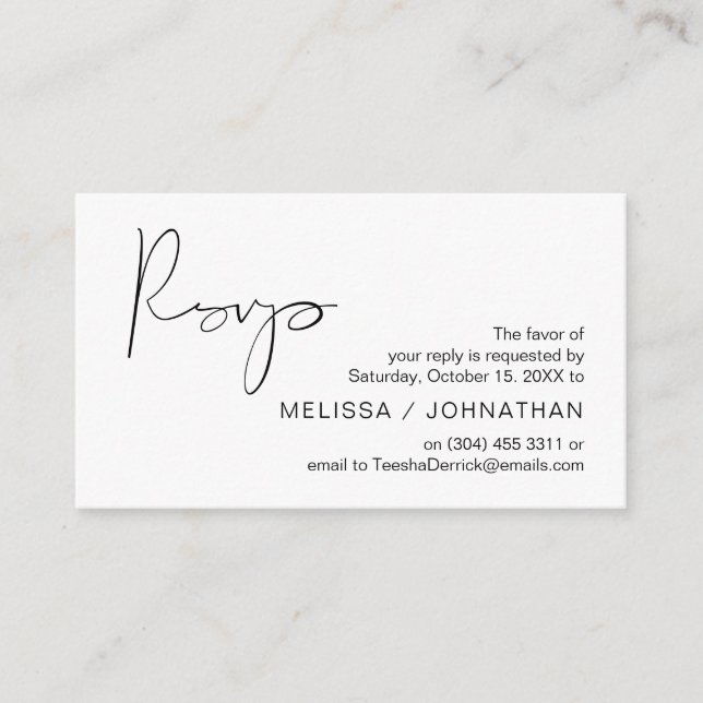 Modern Minimalist Black Script, Wedding RSVP Enclosure Card (Front)