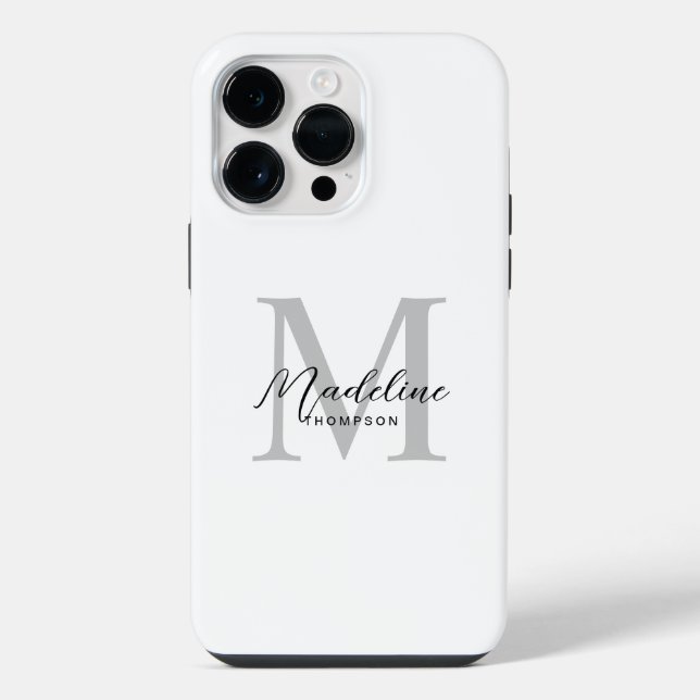 Modern Minimalist Black Script White Grey Monogram iPhone Case (Back)