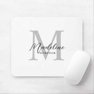 Modern Minimalist Black Script White Grey Monogram Mouse Mat