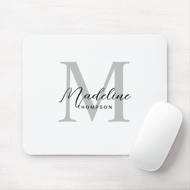 Modern Minimalist Black Script White Grey Monogram Mouse Mat (With Mouse)