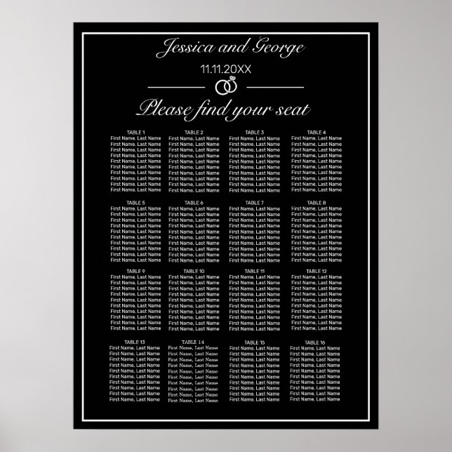 Modern Minimalist Black Seating Chart 16 Tables (Front)