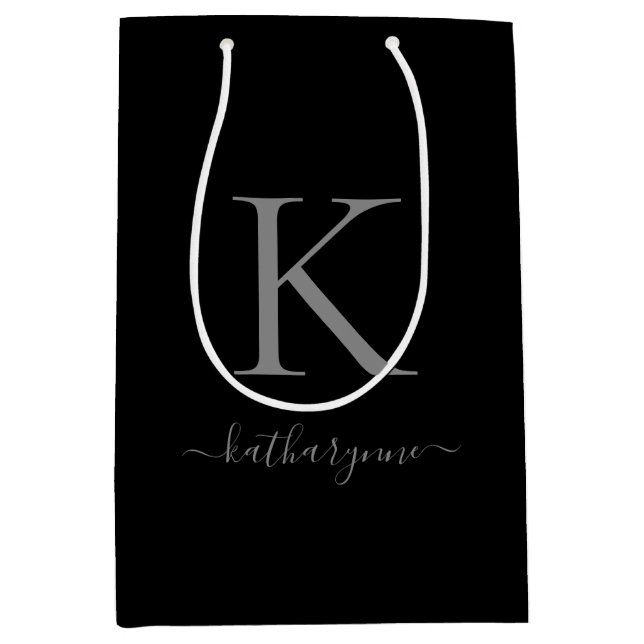 Modern Minimalist Black Silver Monogram Name Medium Gift Bag (Front)