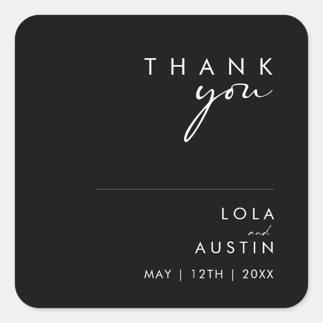 Modern Minimalist | Black Thank You Wedding Square Sticker (Front)