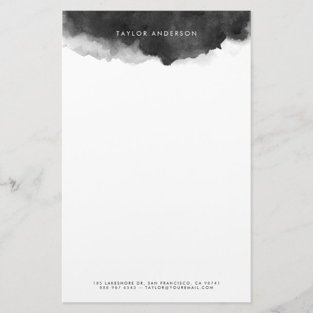 Modern Minimalist Black Watercolor Splash Stationery (Front)