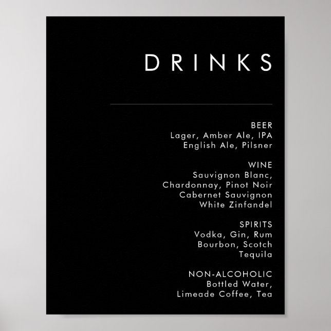 Modern Minimalist | Black Wedding Drinks Menu Poster (Front)