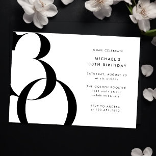 Modern Minimalist Black White 30th Birthday Party Invitation