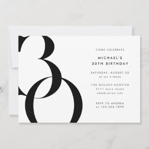 Modern Minimalist Black White 30th Birthday Party Invitation