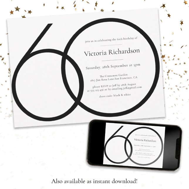 Modern Minimalist Black White 60th Birthday Party Invitation (60th Birthday Classy Modern Minimalist Black White Invitation)
